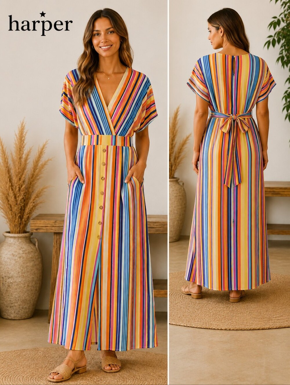 Harper Colorful Striped Maxi Dress Button Front Belted Boho Dres Size Medium